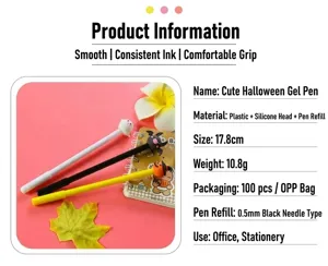 Detailweergave van schattige Halloween gelpennen met afmetingen en materiaalinformatie