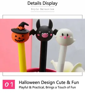Detailopname van Halloween-gelpennen met ontwerpen van pompoen, vleermuis en spook.