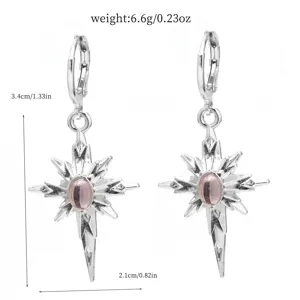 Detail view of silver star drop earrings with pink stone, showing dimensions and weight.