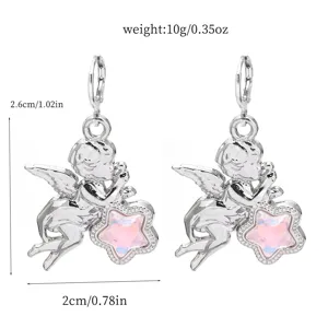 Angel star earrings detail view showcasing pink crystal and alloy craftsmanship.