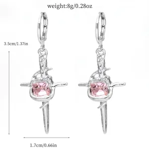 Silver dagger cross earrings with pink crystal, gothic Y2K trend alloy drop earrings for women.