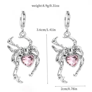 Trendy spider drop earrings featuring pink heart crystal and silver alloy fashion jewelry.