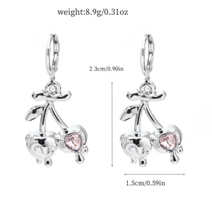 Detailed view of trendy sweet alloy earrings featuring pink heart crystal cherry design and dimensions.