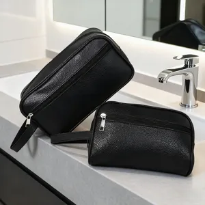Black PU leather toiletry bag, litchi pattern, multifunctional travel cosmetic bag.