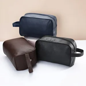 Men's Waterproof PU Leather Toiletry Bag Large Travel Makeup Pouch Multifunctional Litchi Pattern Wash Bag Black