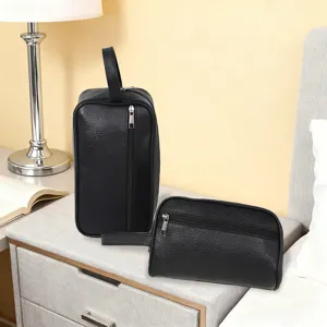 Men's Waterproof PU Leather Toiletry Bag Litchi Pattern Travel Makeup Bag Portable Cosmetic Organizer Zip Pouch