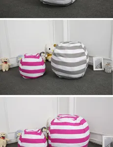 Sac de rangement pour jouets en toile pouf rayé pour peluches et couettes de maison.