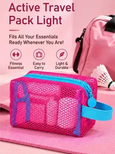 Detailansicht der pinken Netz Kosmetiktasche, atmungsaktive Reise Aufbewahrungstasche.