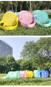 Colorful mesh beach bag for kids, perfect for sand toys storage, lightweight durable design.