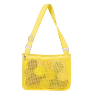 Sac de plage en filet jaune pour enfants, organisateur de jouets avec sangle réglable.