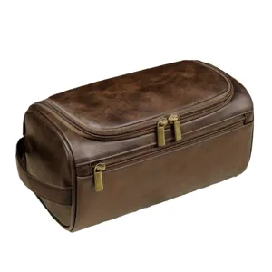 Brown PU leather toiletry bag for travel and daily storage with multiple zipper compartments