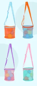 Colorful mesh beach bags for kids' toy storage in four vibrant color combinations.