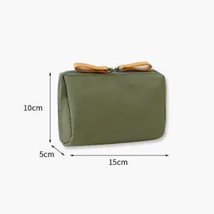 Portable mini green cosmetic bag casual travel makeup pouch with leather zipper pull compact size