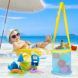Portable children's mesh beach toy storage bag with yellow strap and sand play tools set