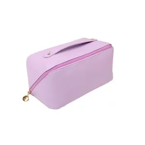 Purple PU leather toiletry bag portable travel cosmetic storage organizer with handle zipper.