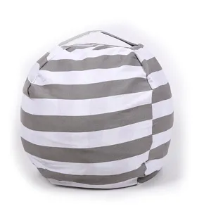 Housse de pouf en toile rayée gris et blanc, sac de rangement pour jouets en peluche.