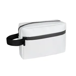 White PU leather toiletry bag with waterproof zippers and handle, travel cosmetic organizer.