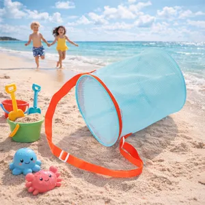 Bolso de playa de malla para niños con correa naranja, ideal para juguetes.