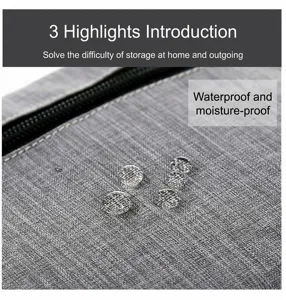 Detailed shot of gray fabric storage bag with waterproof feature and smooth zipper design.