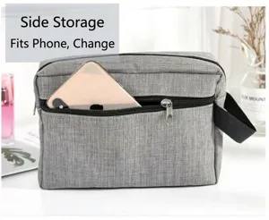 Grey fabric toiletry storage bag detail showing convenient side pocket and zipper design for essentials.