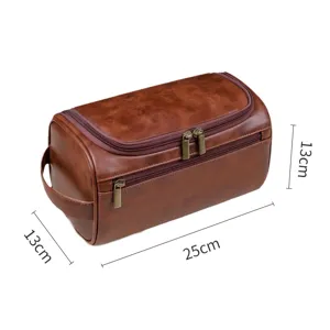 Professional brown PU leather men's toiletry bag showing 25x13x13cm dimensions