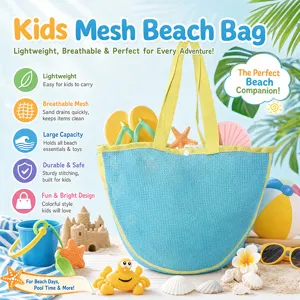 Kids mesh beach bag with large capacity, lightweight and breathable for summer outdoor fun.