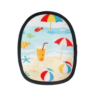 Gant de plage pour enfants pour enlever le sable avec motif estival coloré et bord noir.