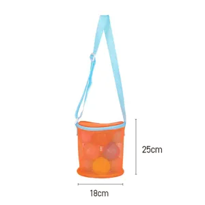 Bright orange mesh beach toy storage bag for kids with adjustable blue shoulder strap