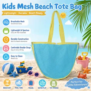 Kids mesh beach tote bag featuring durable handles and breathable compartments for outdoor fun.