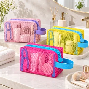 Bunte Netz-Kosmetiktasche, tragbare Reise-Aufbewahrungstasche, transparenter Make-up-Organizer.