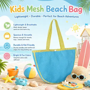 Kids mesh beach bag, lightweight and durable tote for children toys and towels, blue.