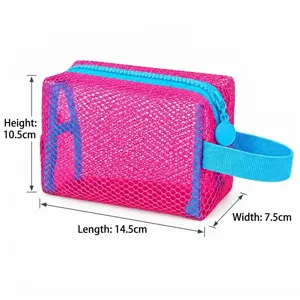Dopamin rosa Netz Kosmetiktasche mit blauem Reißverschluss, transparenter tragbarer Beutel.