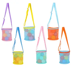 Close-up showing six vibrant colors of kids mesh beach toy storage bags with straps