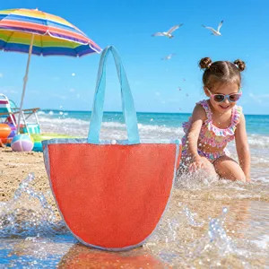 Kids beach mesh bag toy storage tote with durable handles for outdoor swimming and sand toys.