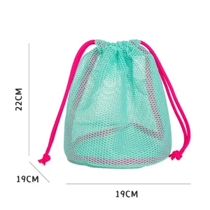 Turquoise mesh drawstring cosmetic bag with pink strings, portable beach toiletry organizer.