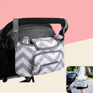 Grey white chevron baby stroller organizer bag large capacity pram diaper caddy tote bag