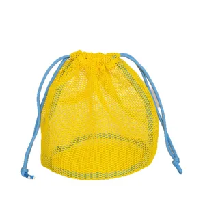 Bright yellow mesh drawstring bag, portable storage organizer for cosmetics and beach.