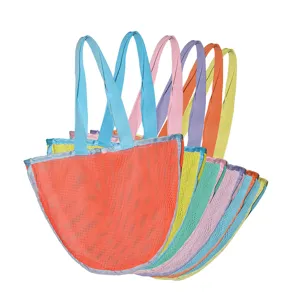 Colorful mesh beach toy storage bag with dual handles, perfect for kids outdoor activities.