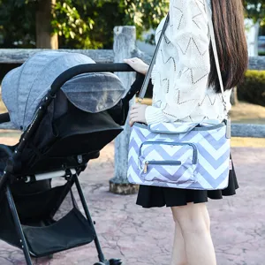 Large capacity chevron diaper shoulder bag for moms, stylish grey baby travel tote bag.