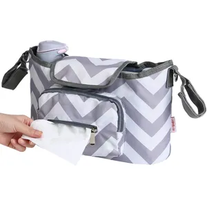 Stroller organizer bag with chevron pattern, large capacity baby diaper bag with tissue holder.