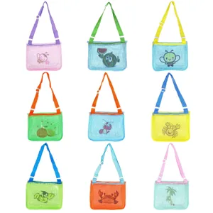 Colorful mesh beach bag for kids, cute cartoon prints toy storage single shoulder bag.
