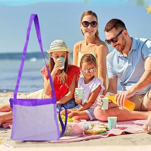 Bolsa de playa de malla para niños, organizador morado para juguetes de arena y conchas.