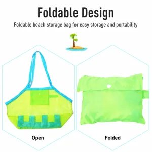 Borsa da spiaggia in rete pieghevole con design verde neon, leggera e comoda per i viaggi all'aperto.
