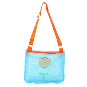 Kids mesh beach bag, blue shoulder bag with orange strap and cute flower print for toys.
