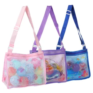 Children beach mesh bag toy storage shoulder bag with adjustable strap and zipper closure.