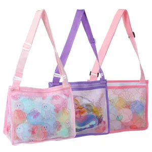 Kids mesh beach bag toy storage shoulder bag with cute cartoon prints detail view.
