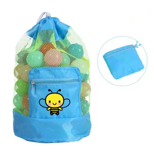 Sac en filet de rangement pour jouets de plage enfant avec motif d'abeille et cordon.