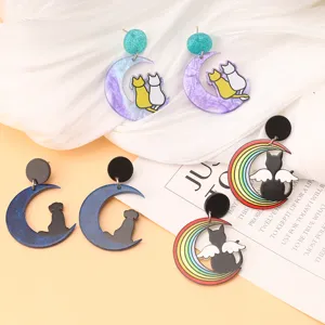 Pendientes de acrílico con gato luna degradado y perro arcoíris joyería de moda!
