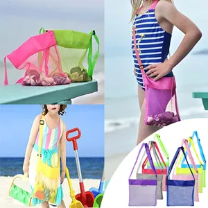 Sac de plage en maille pour enfants avec sangle reglable coquillage jouet rangement