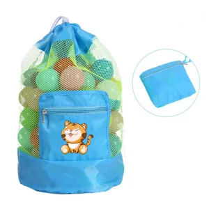 Sac à dos de plage en filet portable avec cordon et poche zippée pour les jouets d'enfants.